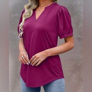 Plain V Neck Casual Puff Sleeve Top